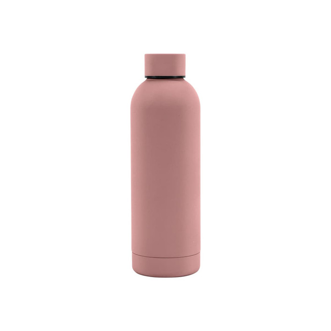 A drink bottle with a rubber-coated finish in a soft pink hue, featuring a double wall and a black lid.
