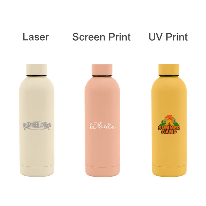 A drink bottle collection featuring a cream, pink, and yellow rubber-coated double wall design, each with a logo.