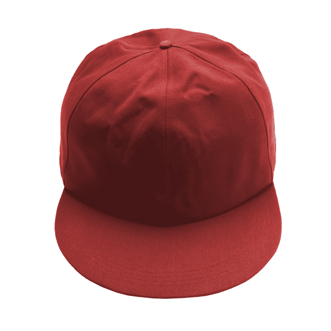 A red giant baseball cap with a flat brim and a structured crown, featuring a logo on the front.