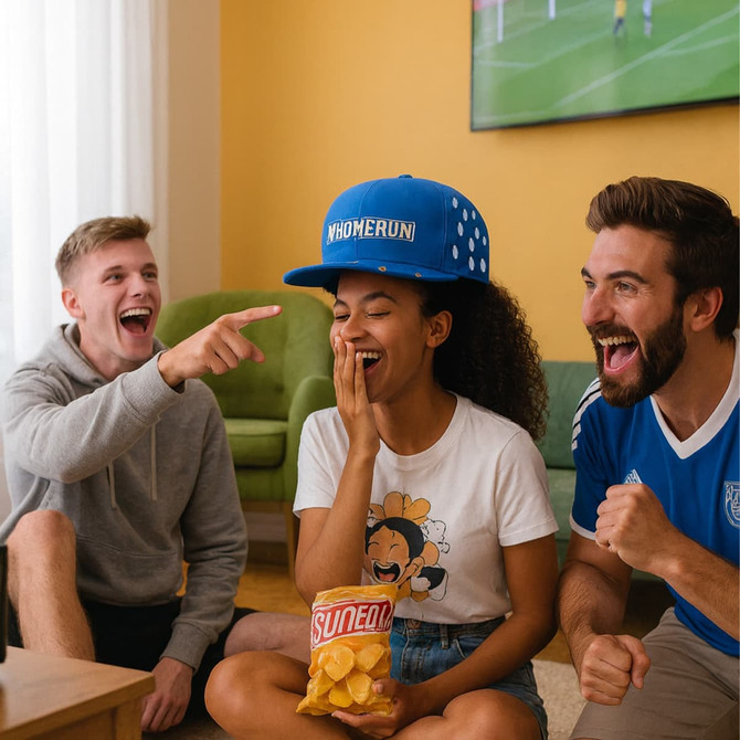 A giant blue baseball cap with white dots sits on a person’s head, surrounded by people enjoying snacks and watching a game.