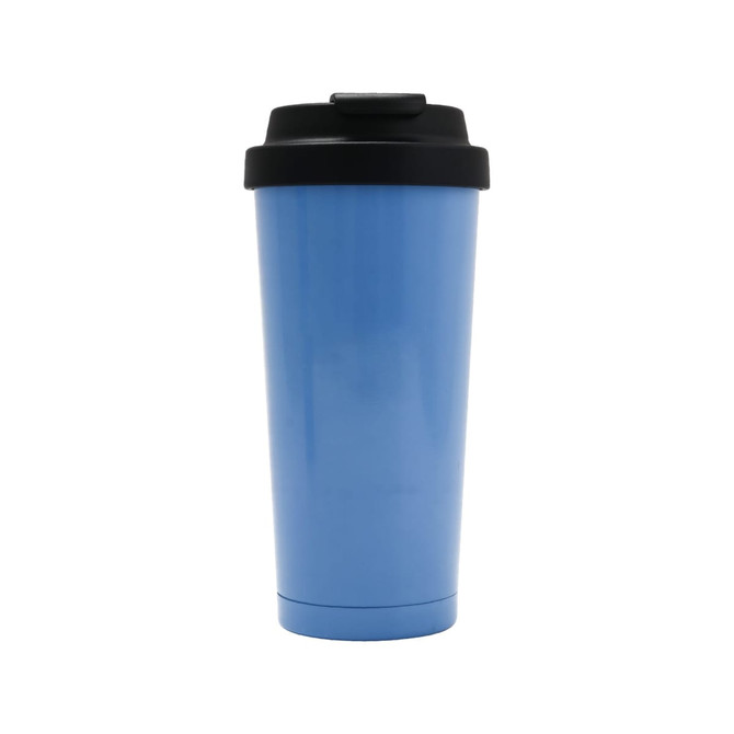 A drink bottle in light blue with a black lid and a logo. Made of recycled stainless steel.