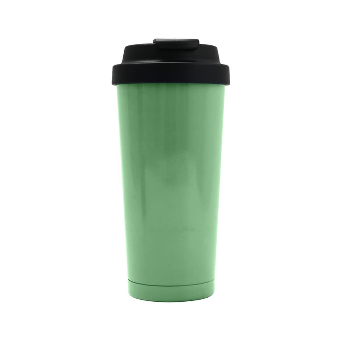 A drink bottle in matte mint green with a black lid, featuring a logo. Designed for vacuum insulation.
