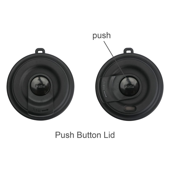 A drink bottle lid in black with a push button mechanism, featuring a handle for easy carrying.