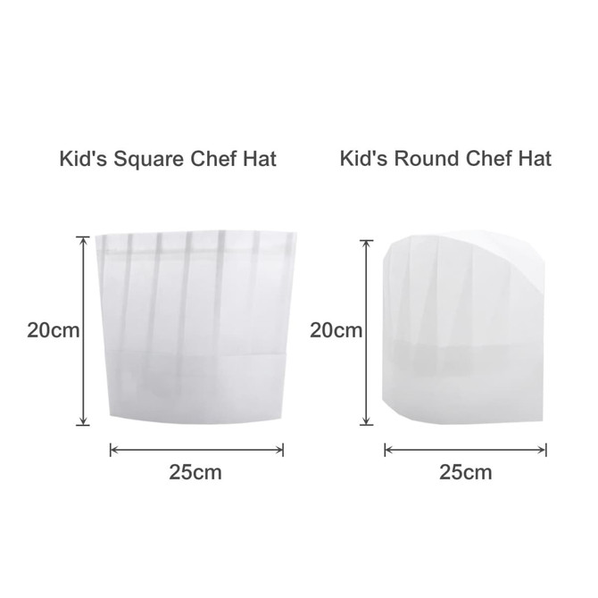 A white disposable non-woven chef hat in square and round shapes, measuring 20cm in height and 25cm wide.