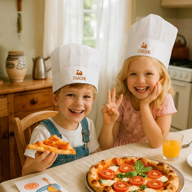 A kids chef hat in white, with a logo, worn by two children at a table with pizza and a drink.