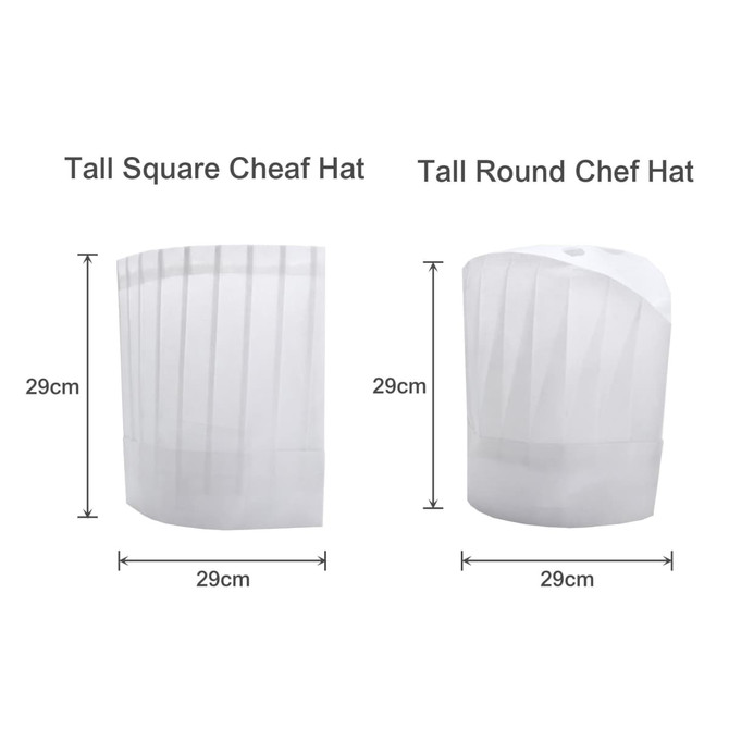 Two disposable non-woven chef hats, one tall square and one tall round, both in white, each measuring 29cm.