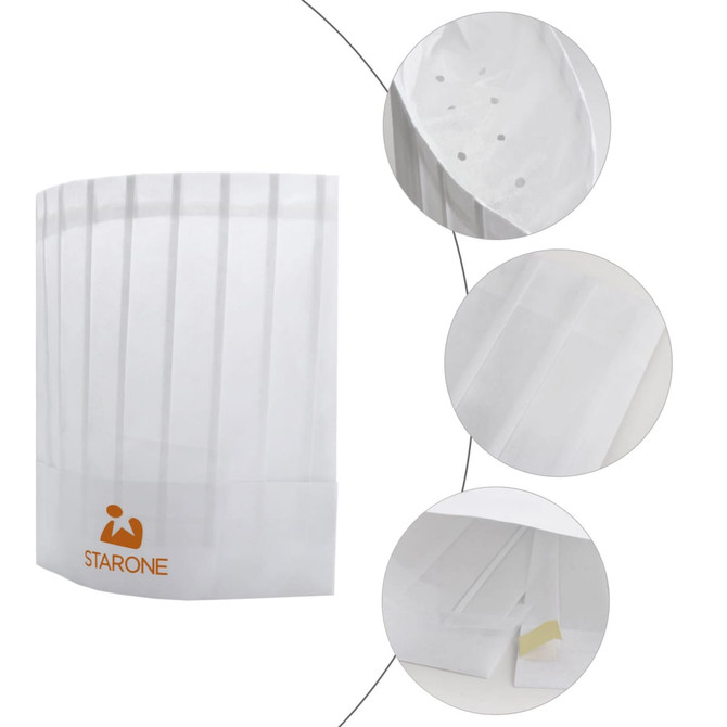 A white disposable non-woven chef hat featuring ventilation holes and a branding logo at the bottom.