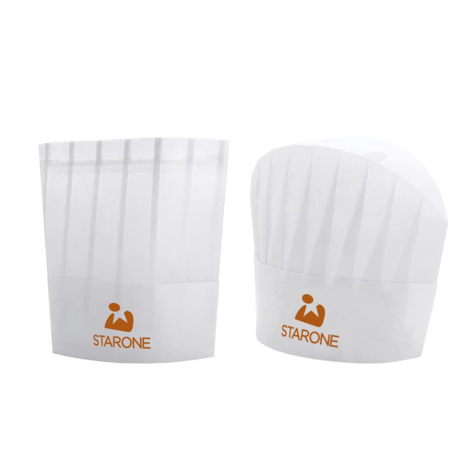 Two white disposable non-woven chef hats displayed, featuring a logo on one of them.