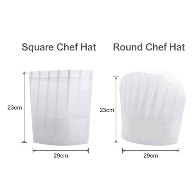 A white disposable chef hat displayed in square and round styles, both measuring 23cm in height and 29cm in width.