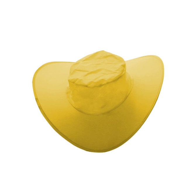 A foldable cowboy hat in bright yellow, designed with a wide brim and a pouch for storage.