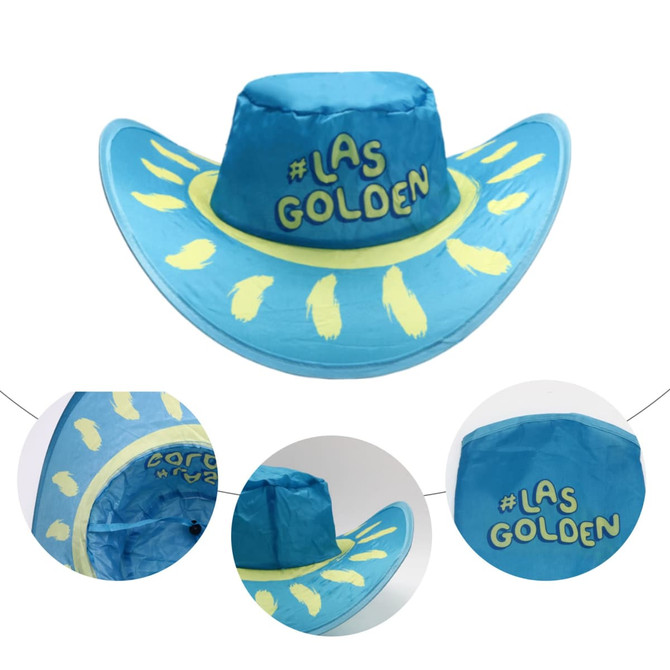 A foldable cowboy hat in blue with yellow accents and a branding logo, featuring a pouch for storage.