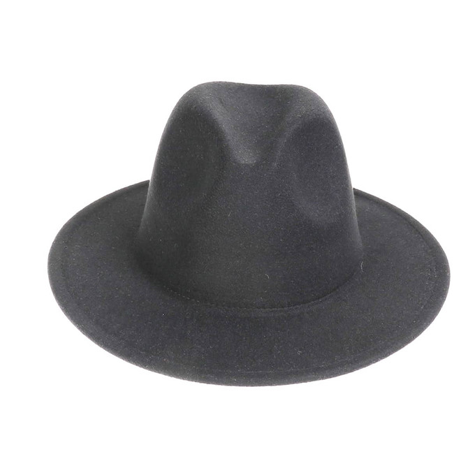 A black felt wide brim fedora hat with a smooth texture and a rounded crown, featuring a logo on the interior.