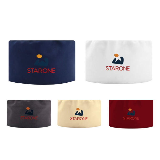 A selection of chef skull caps in navy, white, grey, cream, and red, each featuring a logo.