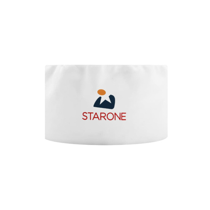 A white chef skull cap featuring a logo with an abstract design and the word "STARONE" in red.