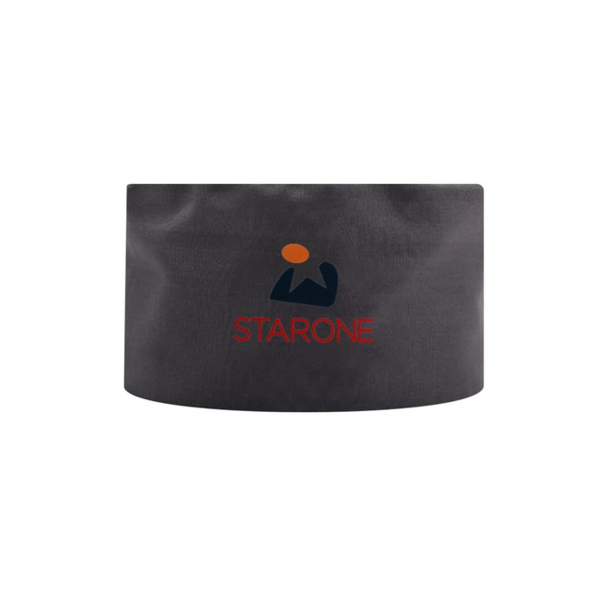 A dark grey chef skull cap featuring a logo with orange and black elements.