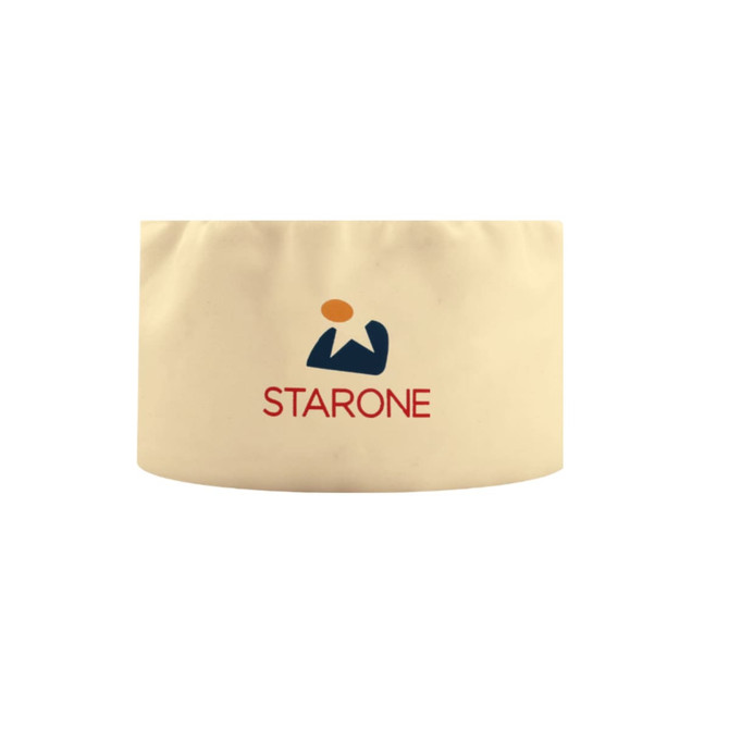 A cream chef skull cap featuring a logo in navy blue and orange.