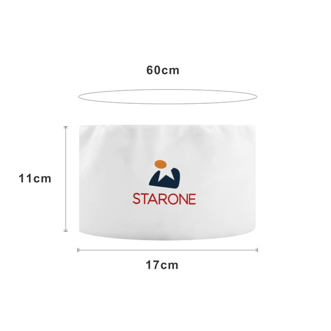 A white chef skull cap featuring a logo, measuring 60 cm in diameter and 11 cm in height.