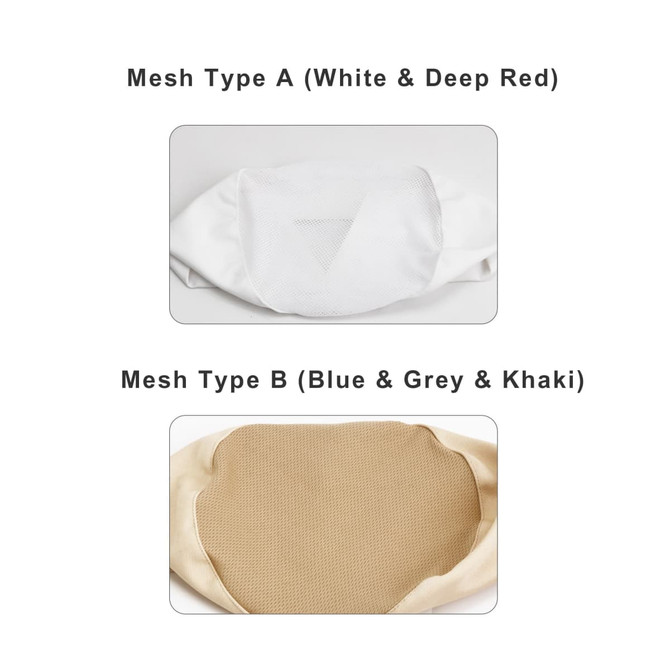 Two styles of Chef Skull Caps: one in white and deep red, and another in blue, grey, and khaki. Both have a mesh design.
