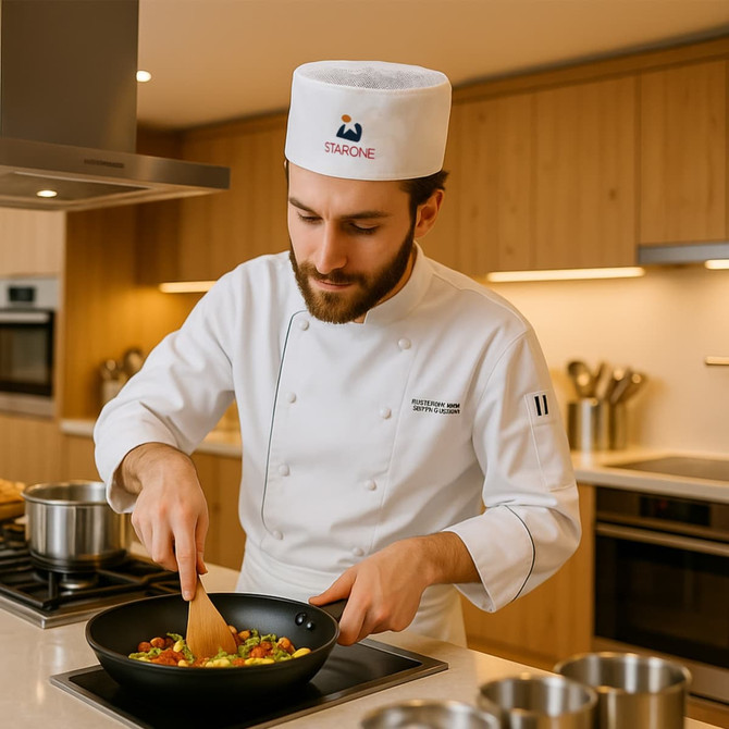 A chef wearing a white skull cap and uniform stirs vegetables in a frying pan on a stovetop in a modern kitchen.