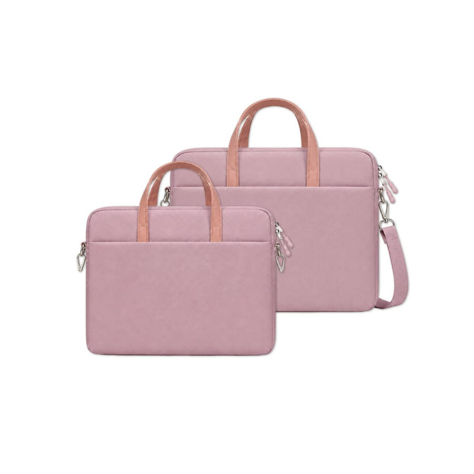A pink laptop bag with a smooth finish, featuring two handles and a removable shoulder strap. It has a logo.
