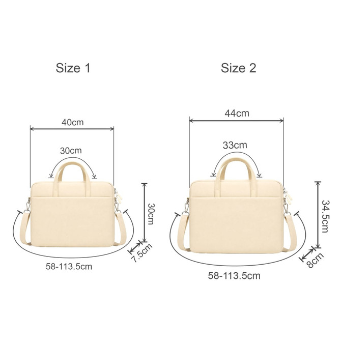 A beige laptop bag with a buffer pad, featuring adjustable straps and a logo, available in two sizes.