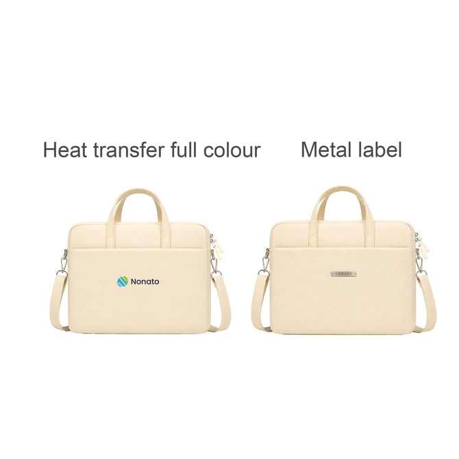 A beige laptop bag with handles, featuring a logo and a metal label, designed for carrying laptops.