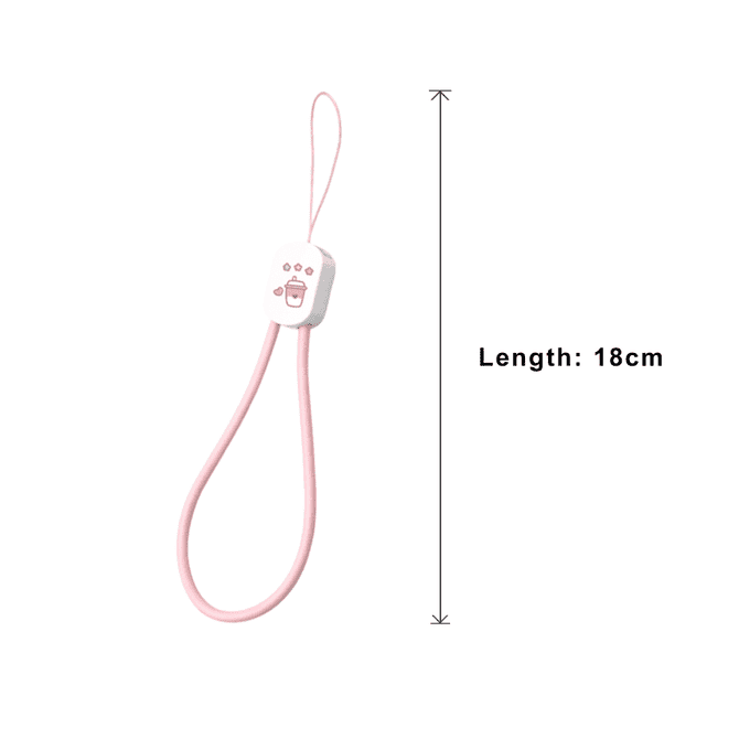 A pink charging phone strap with a white connector and logo, measuring 18cm in length.