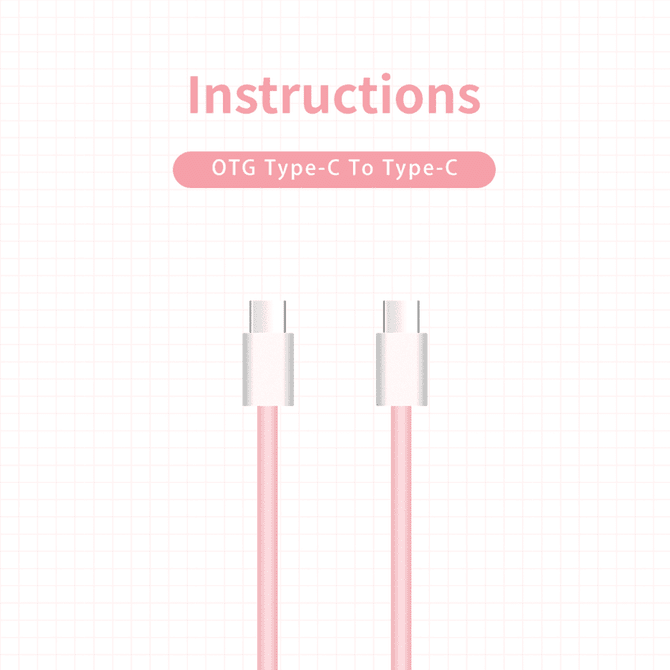 A pink OTG Type-C to Type-C charging cable with silver connectors, featuring the instructions above.