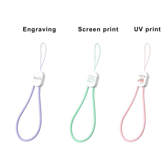 Three charging phone straps in lavender, mint green, and pink, each with a different design on a white connector.