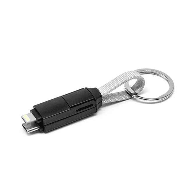 A black 60W 3-in-1 ABS charging cable with a silver keyring attached.