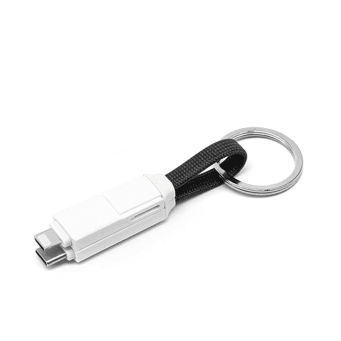 A white 60W 3-In-1 ABS charging cable with a black strap and keyring attachment.