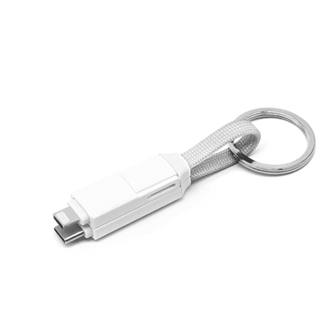 A white 60W 3-in-1 ABS charging cable with a metallic keychain loop.