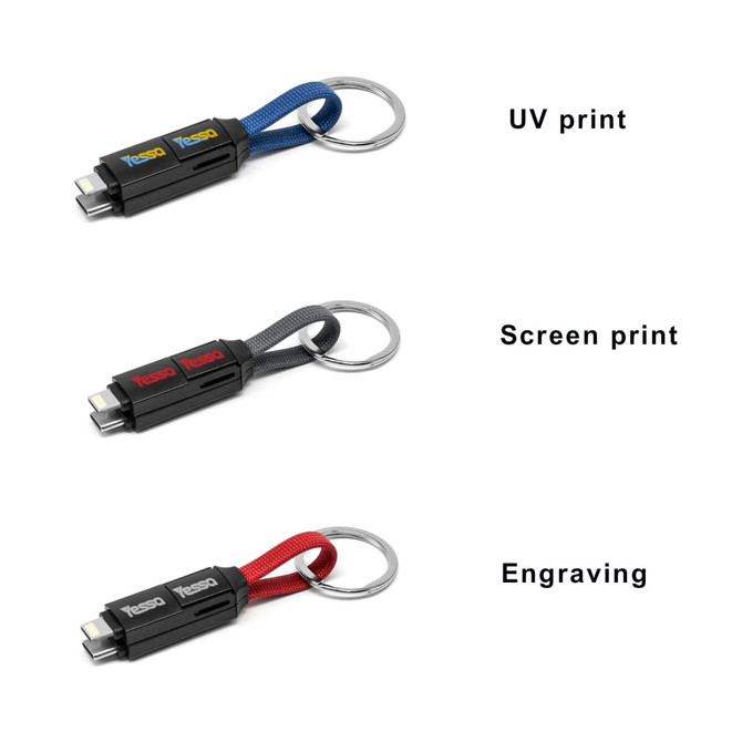 A multi-coloured charging cable with a keyring, featuring red, blue, and grey options. Includes a logo.