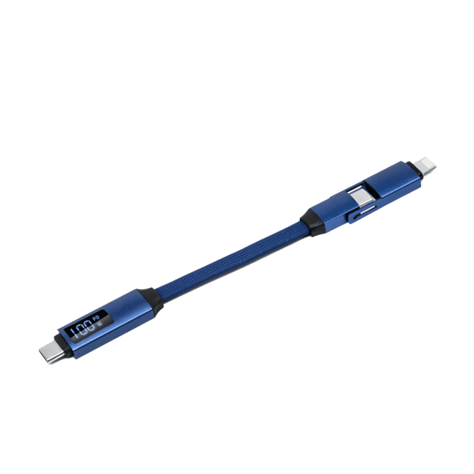 A blue 100W 3-in-1 aluminium charging cable featuring a digital display and a logo on the casing.