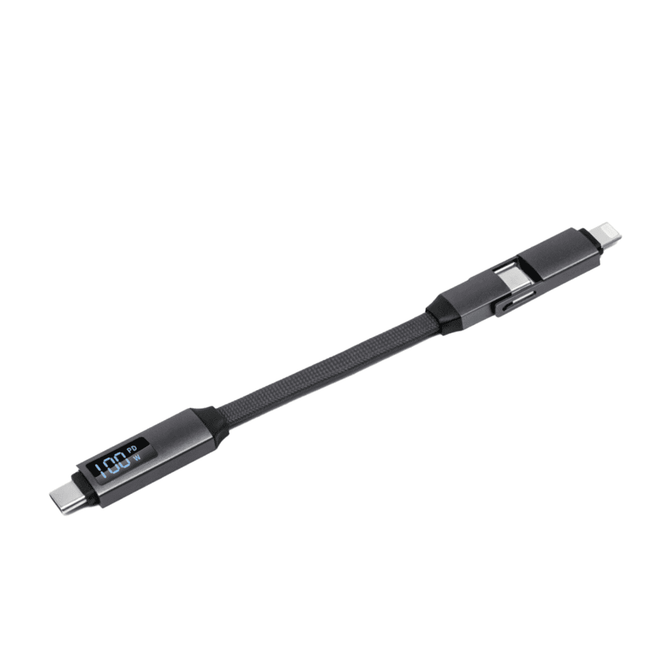 A 100W 3-in-1 aluminium charging cable in black with a digital display, featuring multiple connector types.