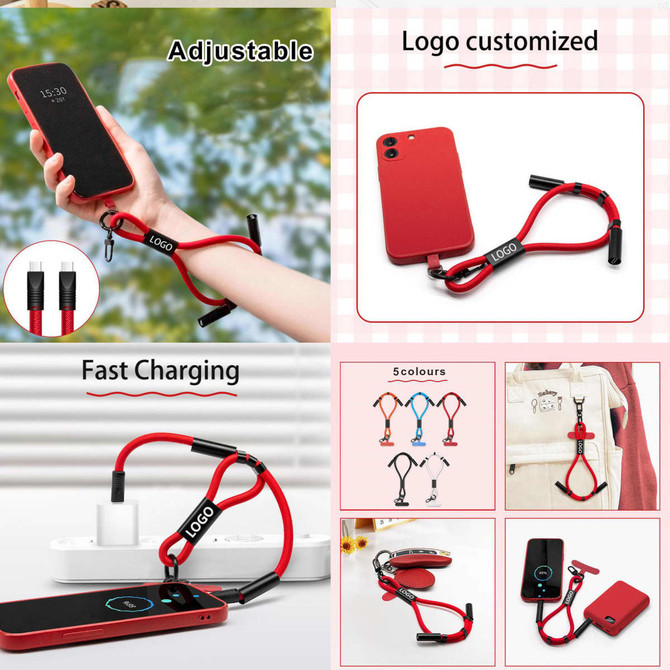 A red charging phone strap with adjustable features, showcasing multiple styles and a logo on the design.