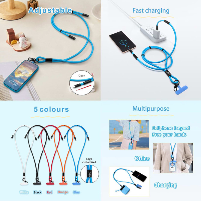 A blue adjustable charging lanyard in five colours, featuring connectors for fast charging and a logo.