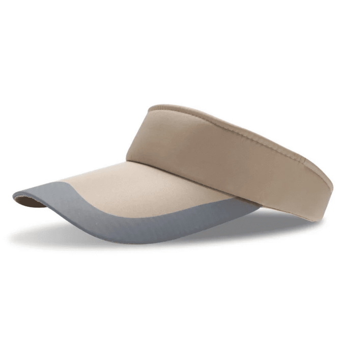 A sun visor in beige and grey, featuring a wide brim and a padded headband, with a logo on it.