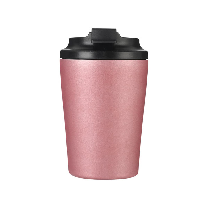 A drink bottle in a rose gold finish with a black lid and a logo on the side.