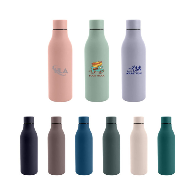 A drink bottle collection featuring various colours including pink, green, purple, navy, brown, dark teal, and cream. Each has a logo.
