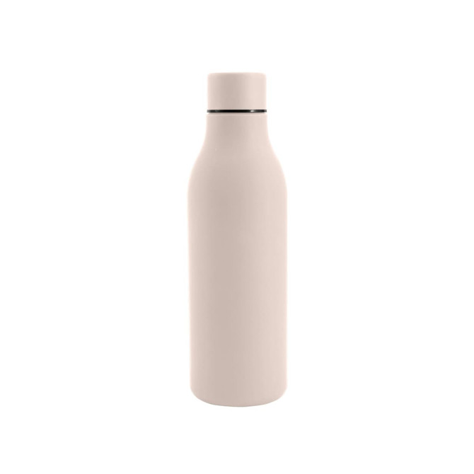 A drink bottle in a soft pink hue with a rubber coating and a metal lid. It features a logo on the surface.