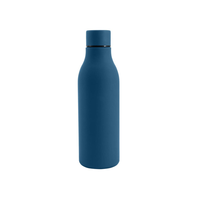 A drink bottle in a matte blue finish with a black lid and a rubber coating. It features a logo.