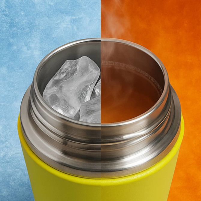 A drink bottle featuring a bright yellow exterior and stainless steel interior, showcasing ice on one side and steaming liquid on the other.