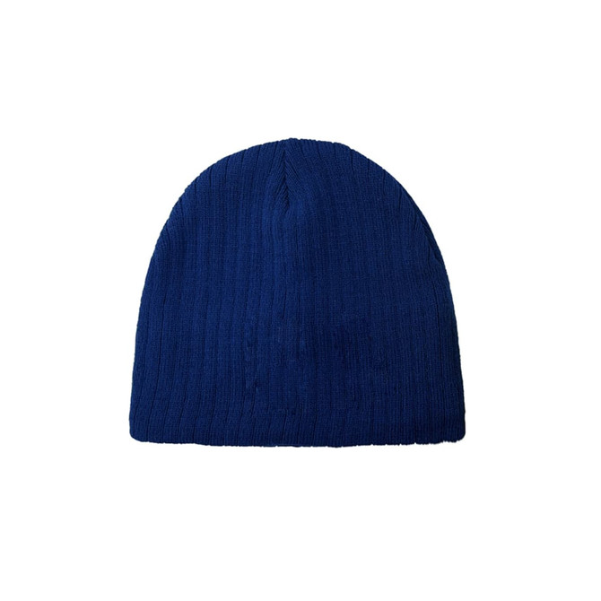 A navy blue cable knit beanie with a ribbed texture and no visible branding.