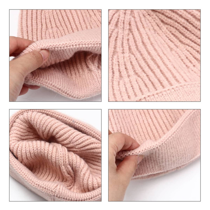 A round beanie in soft pink, showing its ribbed texture and flexible inner lining from various angles.