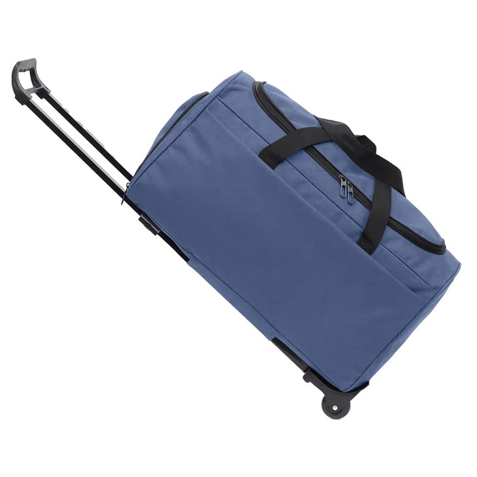A wheeled duffel bag in blue with a retractable handle and wheels for easy transport. It features zippers and a logo.