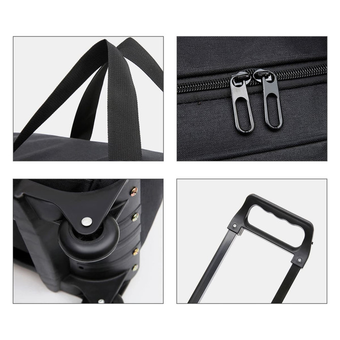 A black wheeled duffel bag featuring zip closures, handle, and wheels for easy transport. Includes branding details.