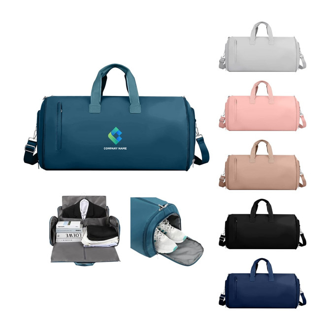 A convertible duffel bag in various colours, including teal, grey, pink, and black, featuring a logo and interior compartment.