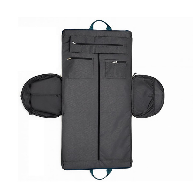 A grey Convertible Duffel Bag to Garment Bag with multiple pockets and a logo. The bag is laid flat with compartments open.