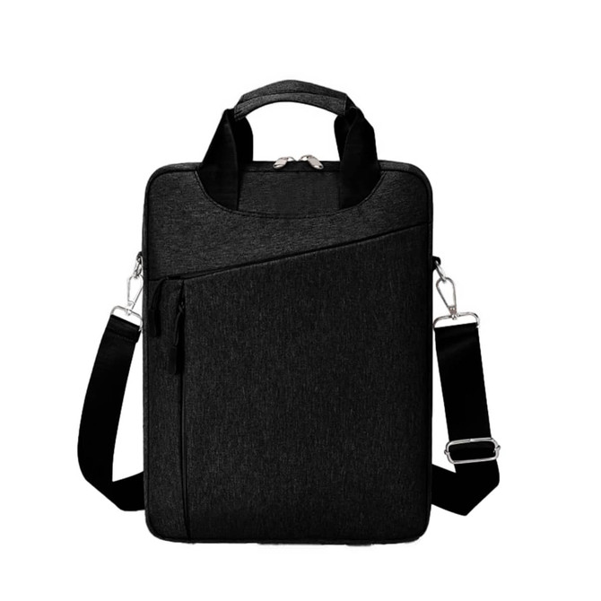 A black Business Sling Laptop Bag with a textured finish, featuring a handle, adjustable strap, and zippered pockets.